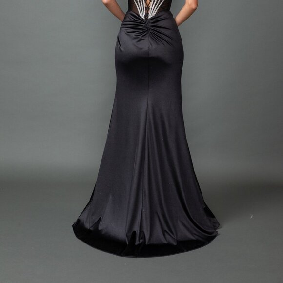 New Beads Embellished Prom Satin Dress w/ Gathered Waist & Lace Up Back DQ 4538 - Picture 8 of 8